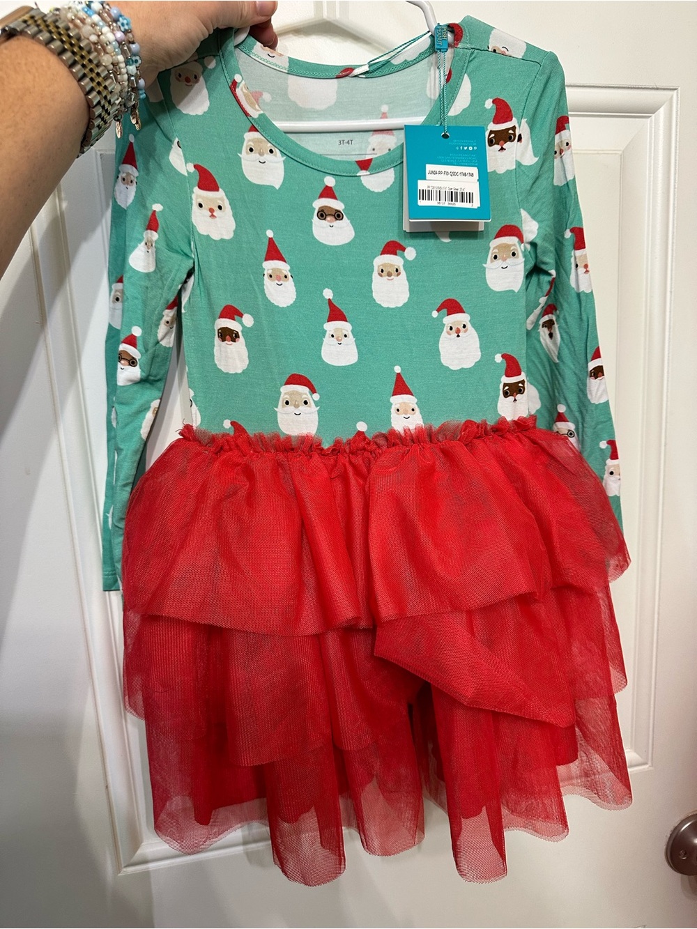 Posh peanut Holiday Santa Tulle Dress - Teal & Red